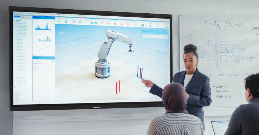 a woman standing in front of a large smartboard with mini led technology