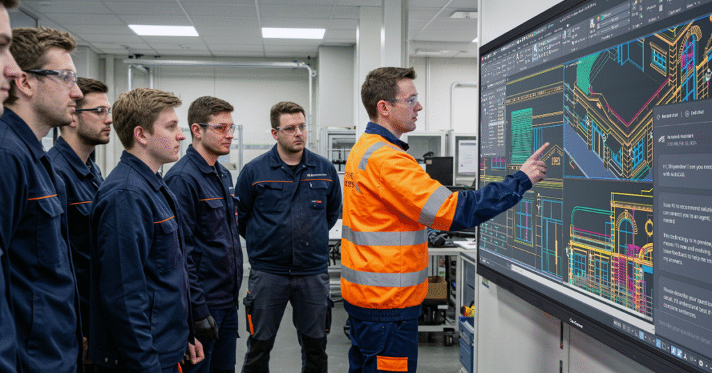 a group of men in overalls looking at a mini led whiteboard